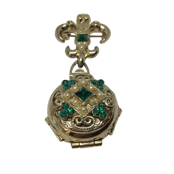 Vintage CORO Pat Pend Estate Triple Locket Brooch Fleur de Lis Rhinestone Pearl - Picture 5 of 14
